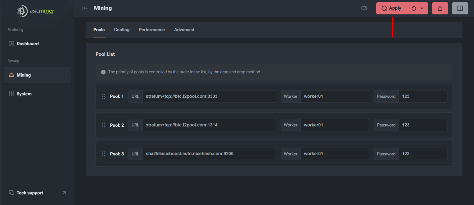 Saved pool settings with the Apply button highlighted