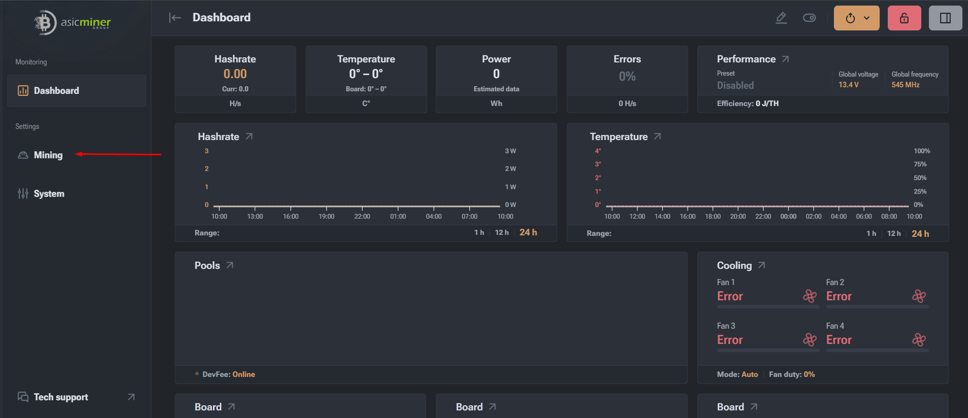 ASIC Miner firmware dashboard with the Mining menu highlighted
