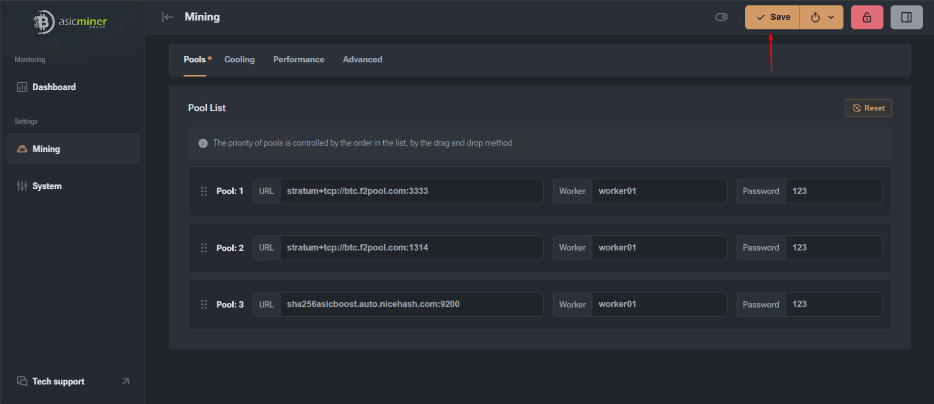 Completed pool settings with the Save button highlighted