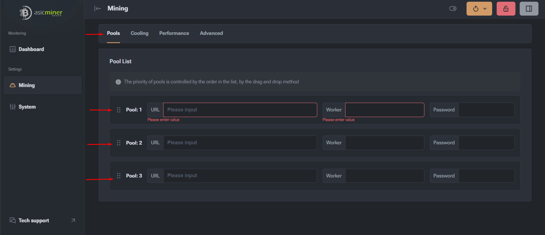 Pools tab with URL, worker and password fields for three mining pools
