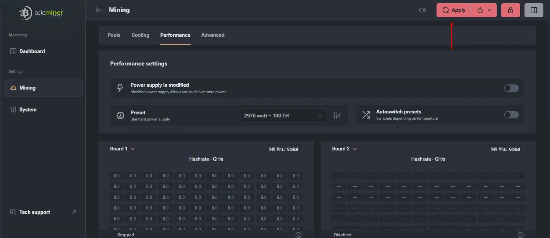 Saved performance profile with the Apply button highlighted