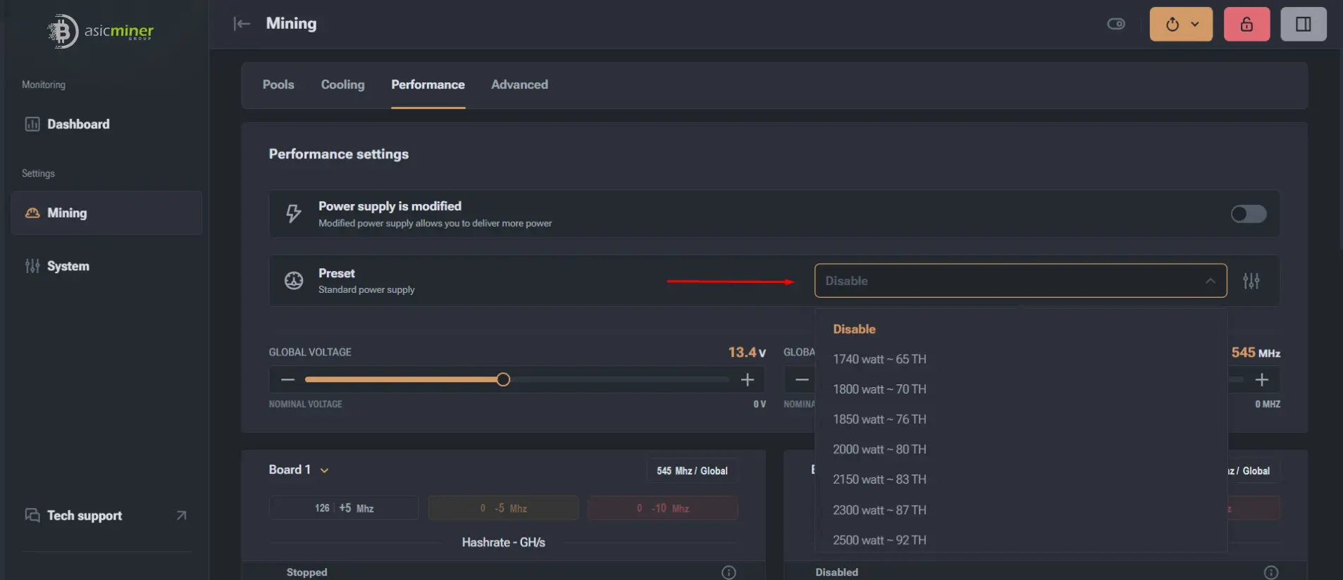 Preset menu showing the available power and hashrate profiles