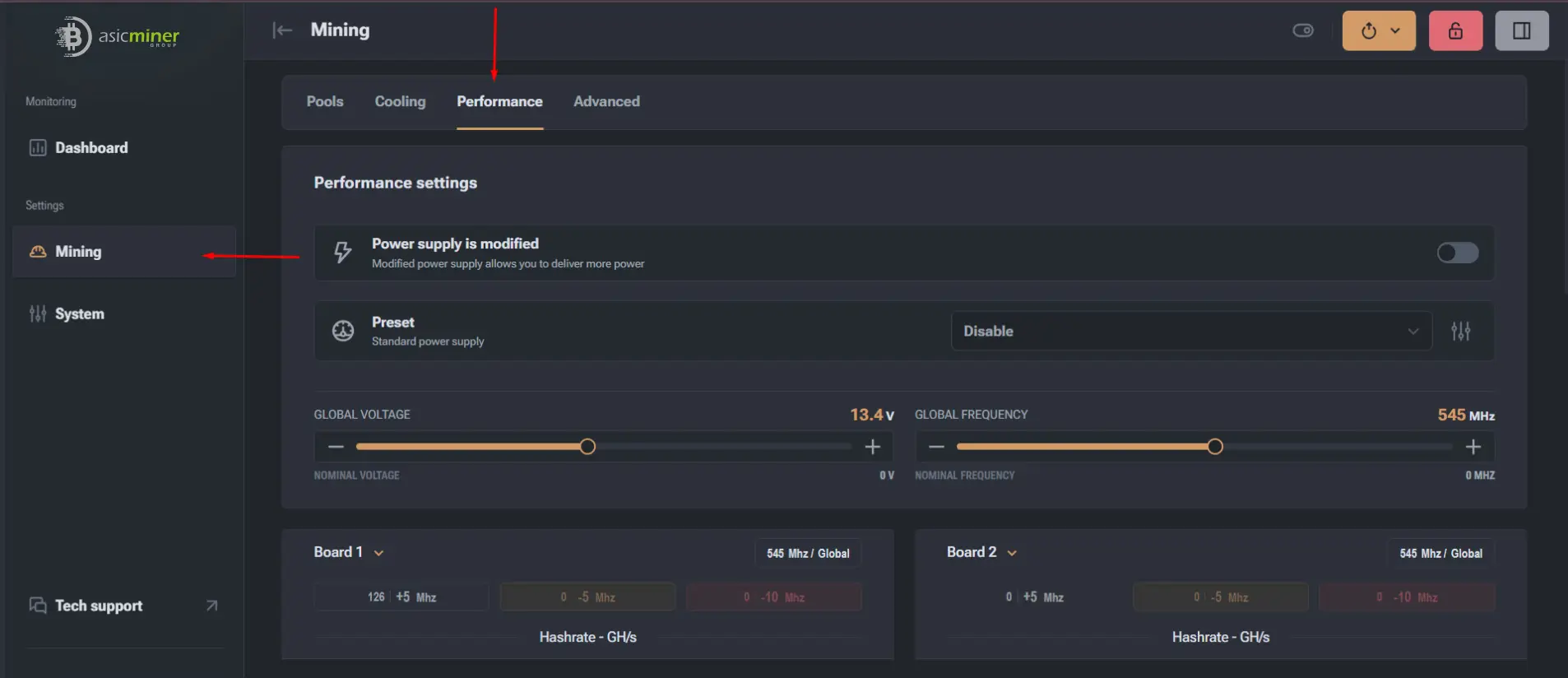 Mining section with the Performance tab highlighted