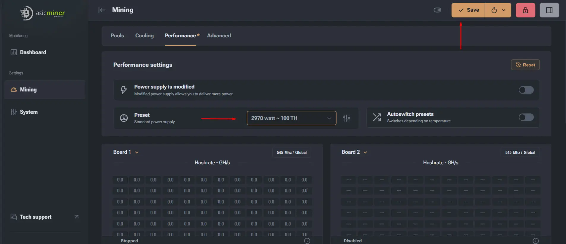 Selected performance profile with the Save button highlighted