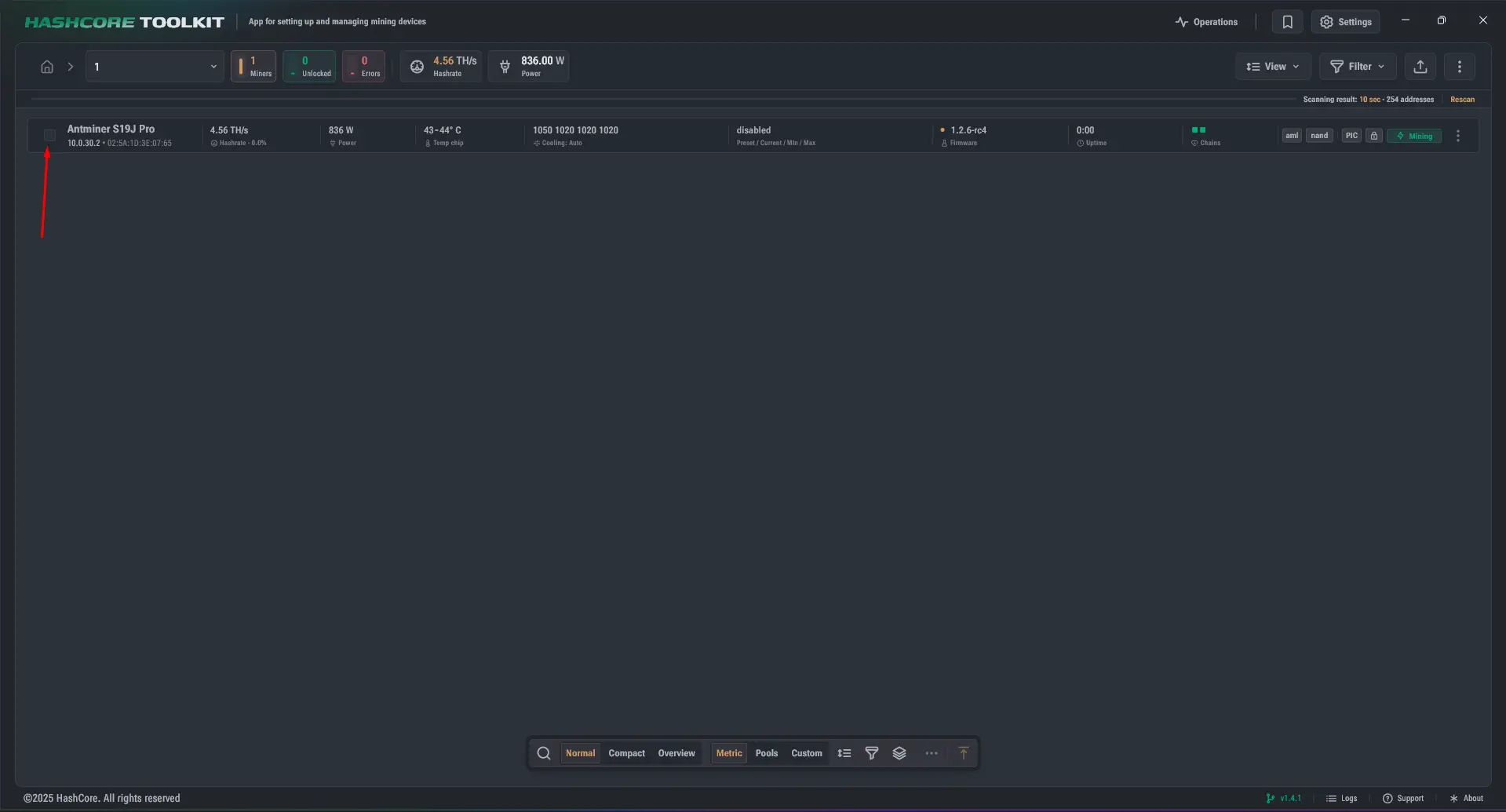 Miner found in the HashCore Toolkit device list