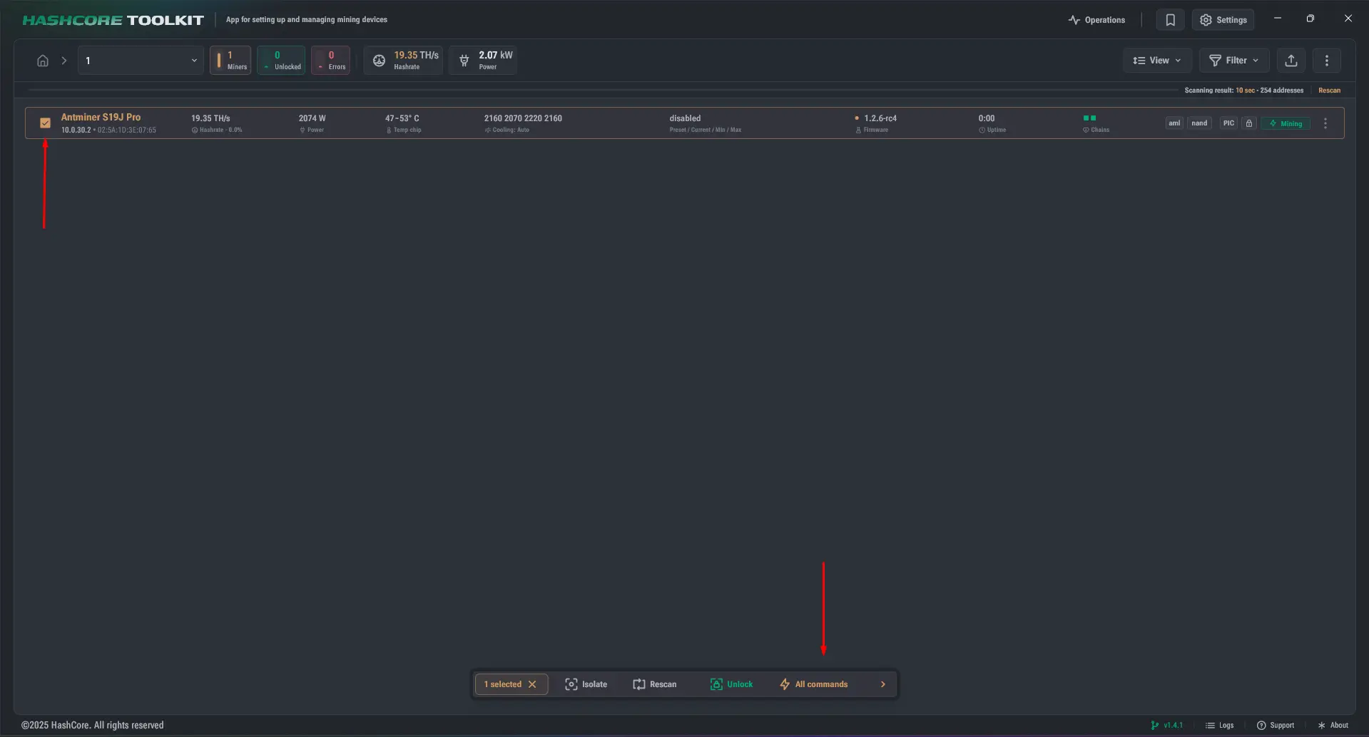 Miner selected in HashCore Toolkit