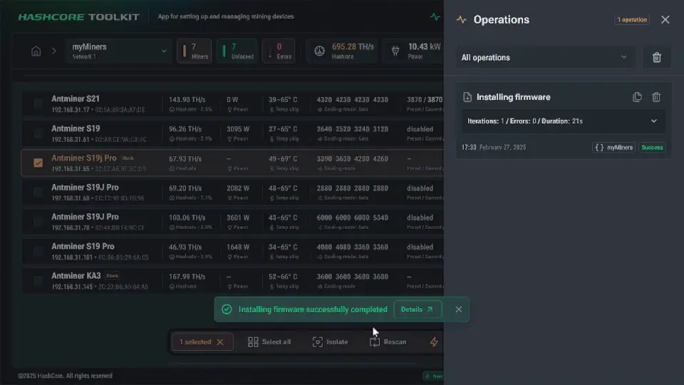 HashCore Toolkit confirming that firmware installation completed successfully