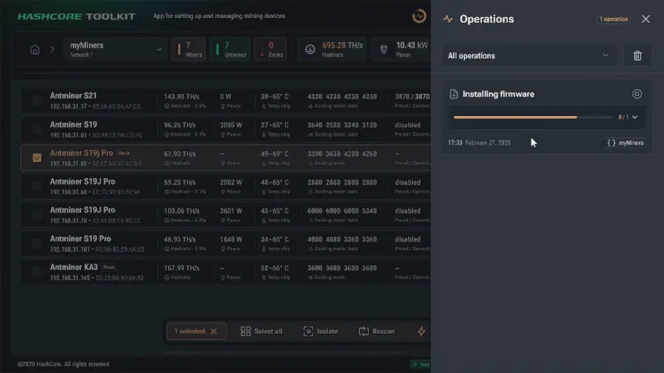 HashCore Toolkit showing firmware installation progress for a selected miner